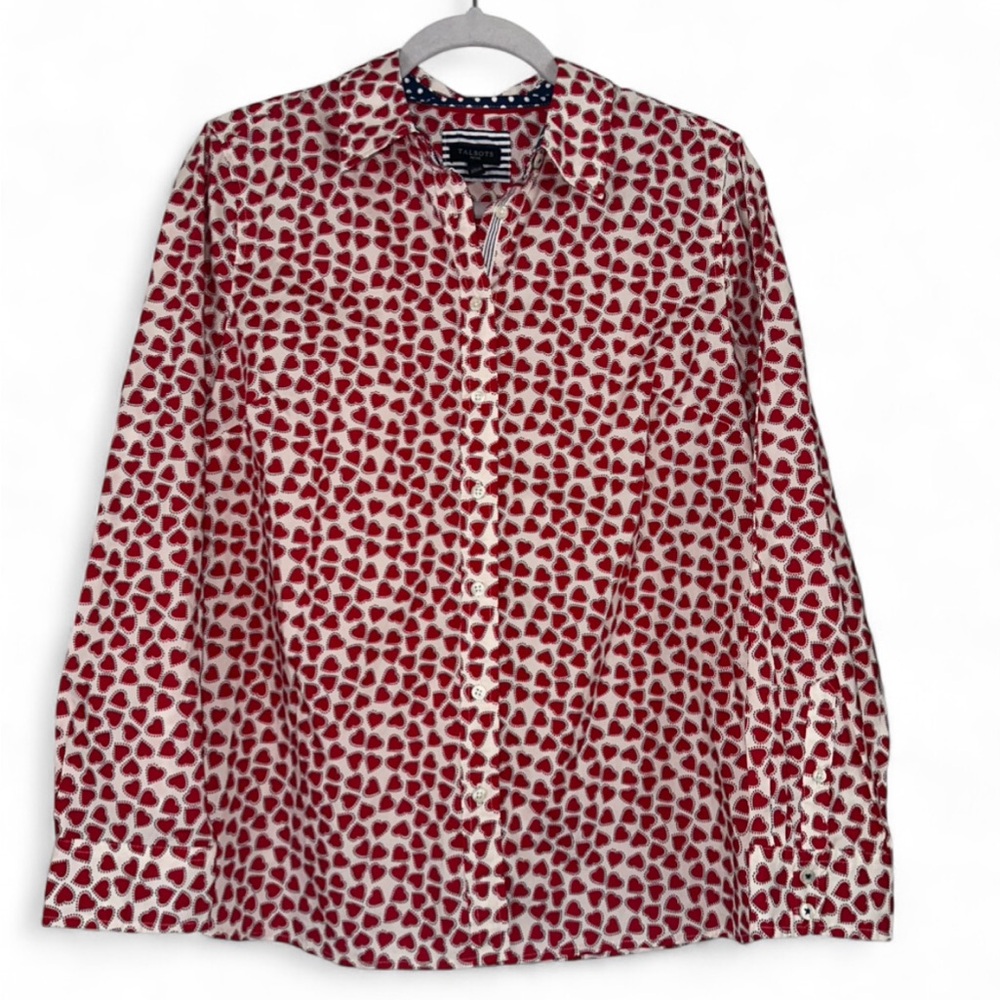 Talbots‎ NWT Red White Heart Print Women’s Medium Petite Button Down Shirt